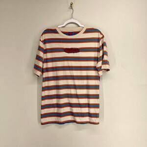 Empyre Striped Tshirt Mens Large Cream Red Blue Short‎ Sleeve Crew Neck